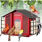 Kingsyard Large Metal Bird Feeders for Outdoors Hanging with Double Suet Cage Weatherproof Roof, 4 in 1 Suet Feeder for Woodpecker, 4 Lbs Capacity Bird Feeder House for Cardinal Finch Chickadee, Red