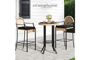 YITAHOME 3-Piece Outdoor Wicker Bar Height Set with Cushioned Barstools, Patio Bistro Furniture for Balcony and Poolside, Black+Light Yellow
