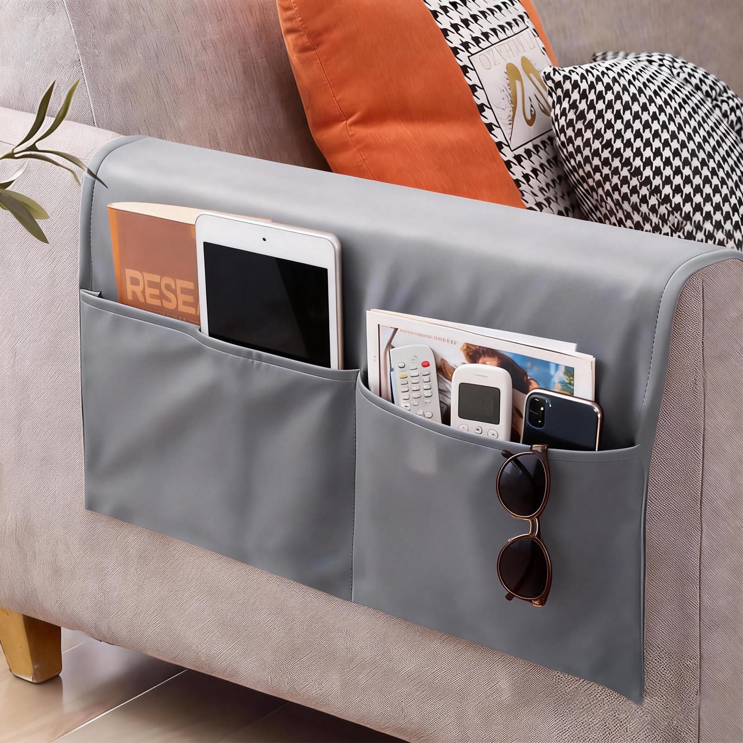 ITODA Waterproof Sofa Armrest Organiser Leathaire Beside Hanging Caddy Pocket TV Remote Control Holder Anti-slip Armchair Storage Bag for Phone Book Magazines iPad Tablet