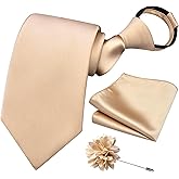 Branduce 3.15"(8cm) Pre-tied Adjustable Zipper Tie and Lapel Pin Solid Necktie Handkerchief Set for Men