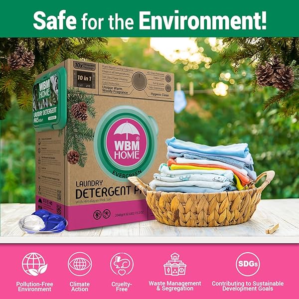 WBM LAUNDRY DETERGENT PODS – ULTRA-CONCENTRATED, HYPOALLERGENIC, STAIN-FIGHTING, EVERGREEN SCENT, 128-PACK, RECYCLABLE PACKAGING FOR ECO-FRIENDLY CLEANING