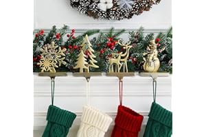 NIGHT-GRING Christmas Stocking Holder - Set of 4 Stocking Hangers Snowman Santa Snowflakes Christmas Tree Deer Stocking Hooks for Fireplace, Shelf, Staircases