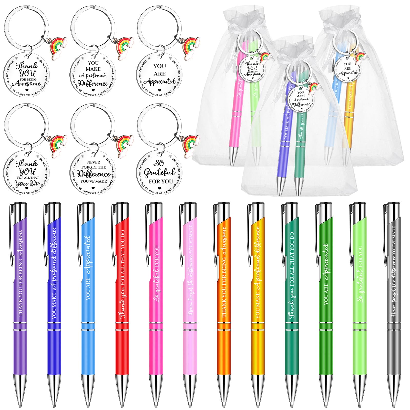 oneant 36 Pcs Employee Appreciation Gifts Thank You Keychain and Motivational Pens Inspirational Quotes Pens Bulk Gifts with Organza Bags for Colleagues Staff Teacher Women Men