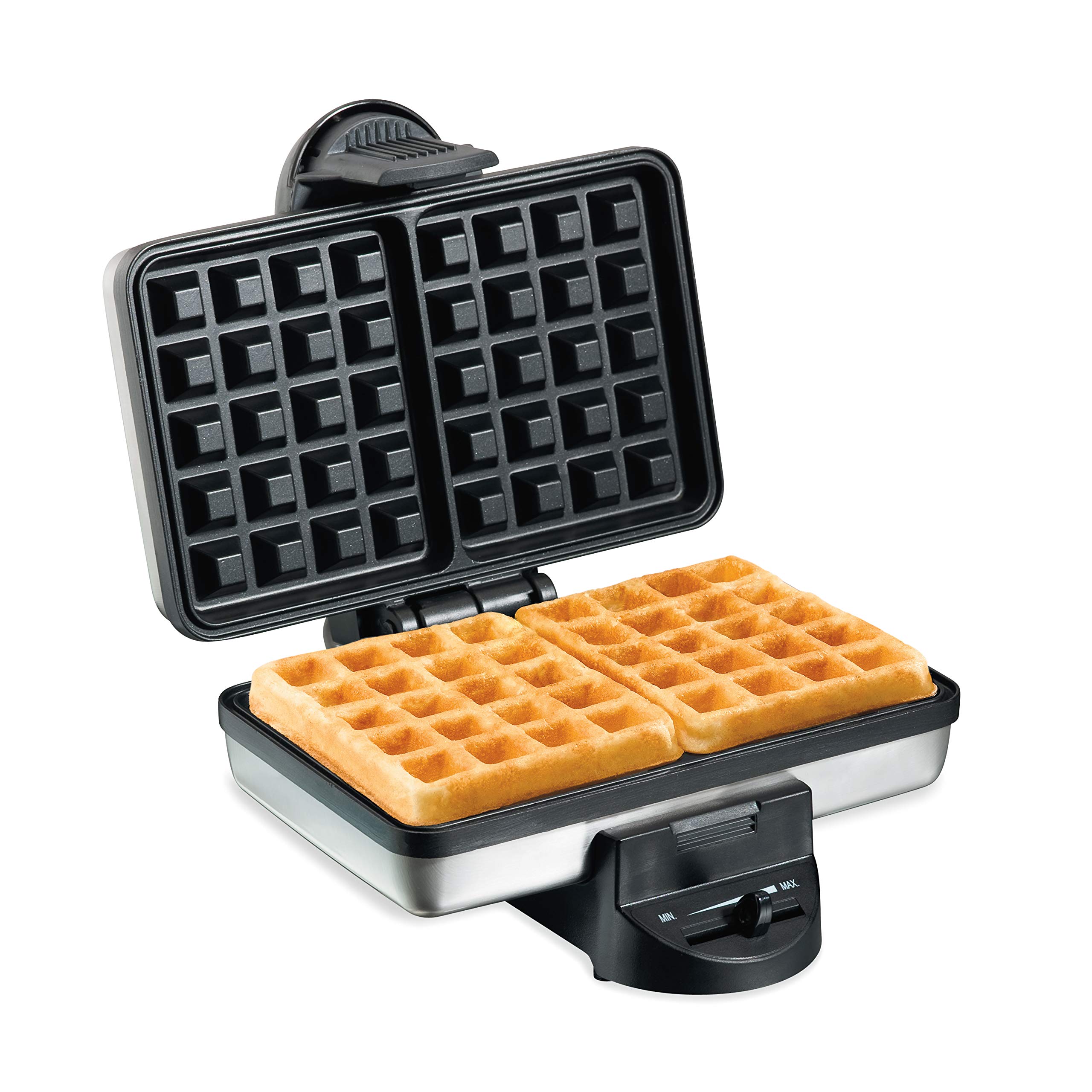 Photo 1 of **MINOR DAMAGE TO COVER PANEL ON THE BASE OF ITEM (BROKEN OFF) ** Hamilton Beach Belgian Mini Waffle Maker with Shade Control, Makes 2 at Once, Create Personalized Keto Chaffles and Hash Browns, PFAS-Free Non-Stick Plates, Compact Design, Stainless Steel