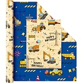WERNNSAI Construction Wrapping Paper 17 In x 33 Ft Gift Wrap Paper for Boys | Wrapping Paper Birthday Boy,Reversible Tractor Truck Wrapping Paper,Construction Birthday Party Supplies