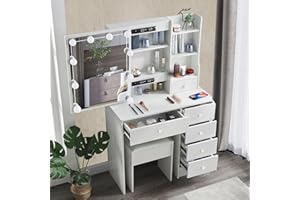 Caulitar Modern Vanity Desk with Mirror and Lights, White Vanity Table with Stool and 6 Storage Drawers, Bedroom Makeup Vanity for Women Girls