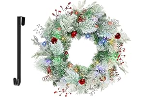 HOYECHI Christmas Wreath for Front Door 24inch - Light Up Artificial Christmas Wreath, Lighted Christmas Wreaths Battery Operated, with Bells and Wreath Hanger, for Front Door Wall Windows Xmas Decoration