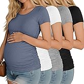 Riyiper 4 Pack Women's Maternity T-Shirts, Cotton Side Ruched Ribbed Maternity Top Scoop Neck Short Sleeve Pregnant Clothes
