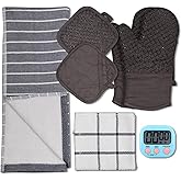 JISHSHAY 7 PCS Silicone Oven Mitts and Pot Holders Sets Pot Holders and Oven Mitts Heat Resistant Hot Pads Oven Gloves Potholders, with Non-Slip Silicone Stripes, Kitchen Towel Set, Digital Timer