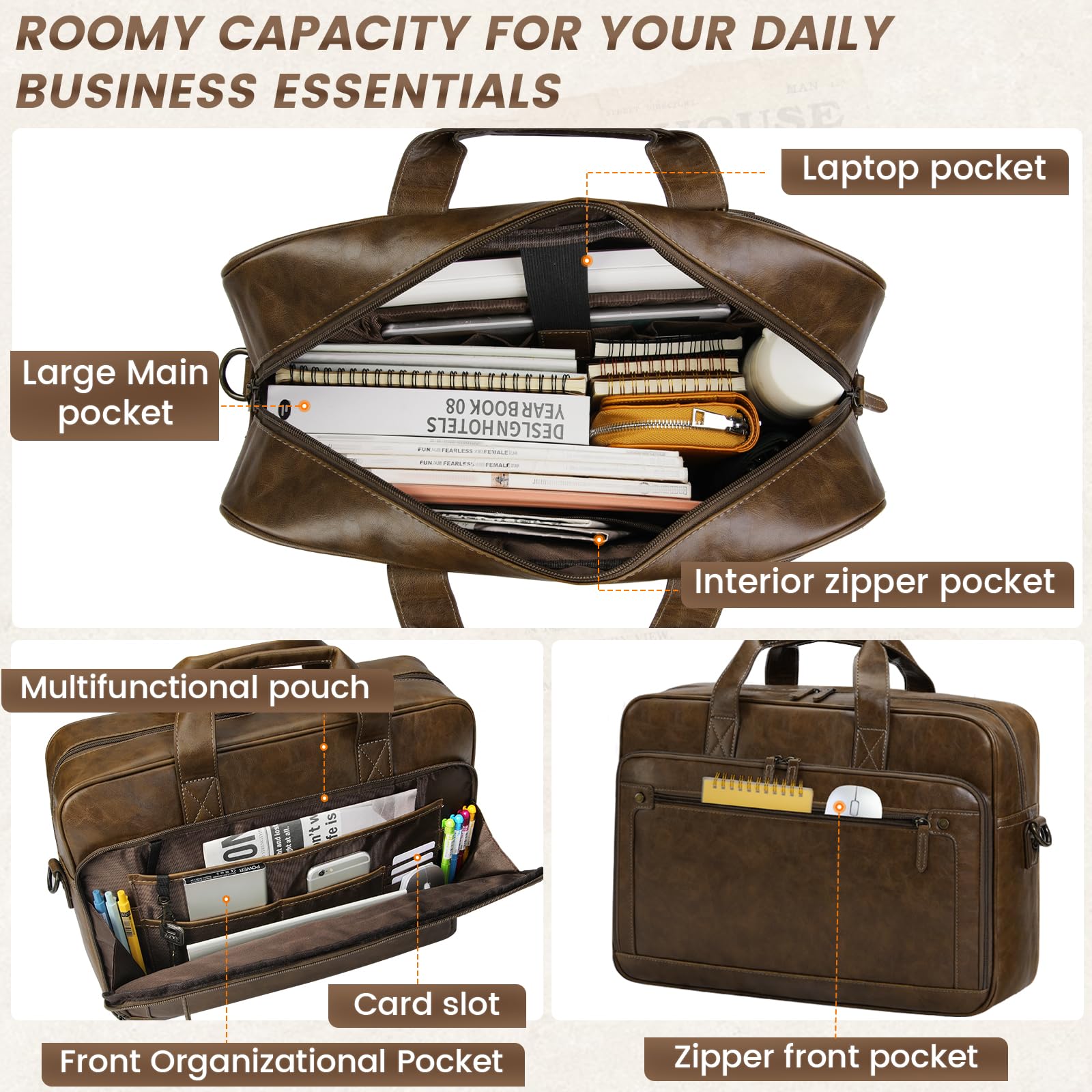 RAINSMORE Mens Laptop Bag 16 Inch Leather Briefcase Vintage Messenger Bag for Men Large Crossbody Shoulder Office Computer Bag Retro College Satchel Bag for Work, Business,Travel, Brown