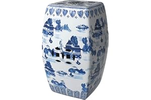 Red Lantern Classic Garden Stool-Design and Shape Seating, Square, Landscape Blue/White