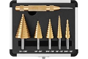 DOVAMAN 5PCS Step Drill Bit, HSS Step Drill, Titanium-Coated, Automatic Center Punch, 118° X-Shaped Split Tip, w/Aluminum Cas