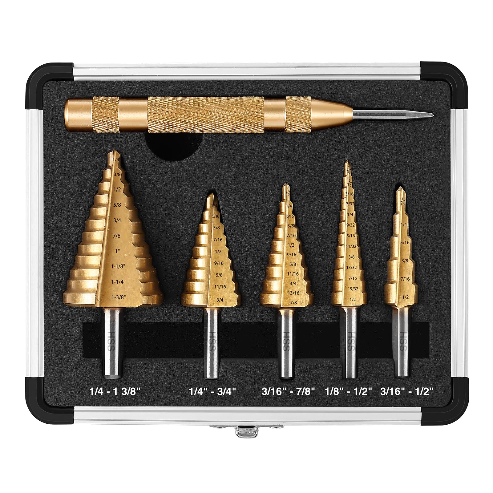 DOVAMAN 5PCS Step Drill Bit Set with 1/4" Hex Shank, 47 Sizes (from 3/16''to 1-3/8'') HSS Titanium-Coated Bits with Center Punch & Aluminium Case, for Metal, Wood, Plastic – STD06A
