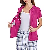 Deyeek Mastectomy Shirts with Drain Pockets Post Shoulder Surgery Tops for Women Chemo Port Short Sleeve with Zippers