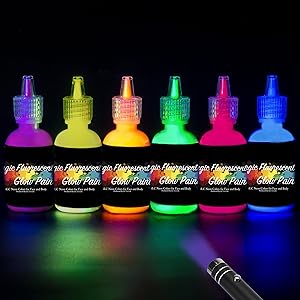 [6 Bottles, 1 oz. Each] UV Body Paint Glow Blacklight Reactive Neon Fluorescent Paint - Safe For Skin - Washable - Non-Toxic - Six Colors Kit