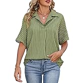 IEEILULU Womens Loose Fit Shirts Short Sleeve Striped Shirt Casual Collared Tops Women Office Work Blouses