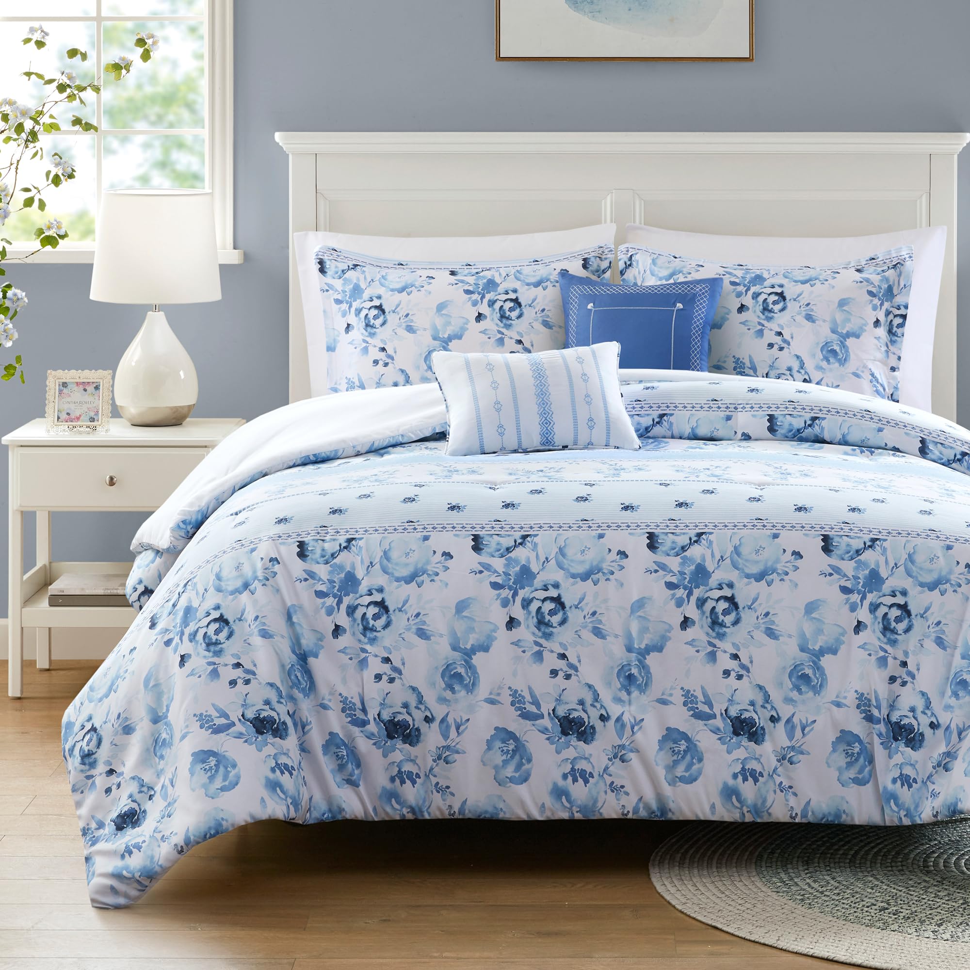 Intelligent Design Queen Comforter Set, Vintage Floral & Stripes Design, Solid Reverse, Microfiber Lightweight All Seasons Down Alternative Fill, Sham & Décor Pillows, Christa, Full/Queen Blue 5 Piece Image