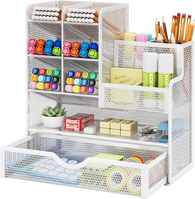 Marbrasse Mesh Desk Organiser Multifunctional Pen Holder White 26x23x10 cm