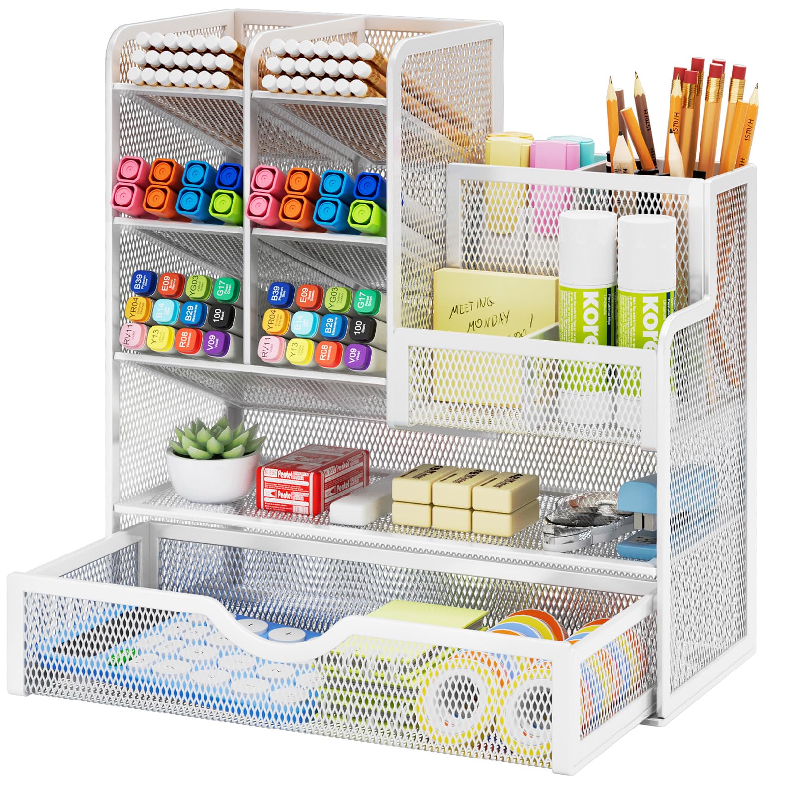 Photo 1 of Marbrasse Mesh Pen Holder for Desk, Desk Organizer with Drawer, Multi-Functional Pencil Organizer, Desk Organizers and Accessories for Office Art Supplies (White)