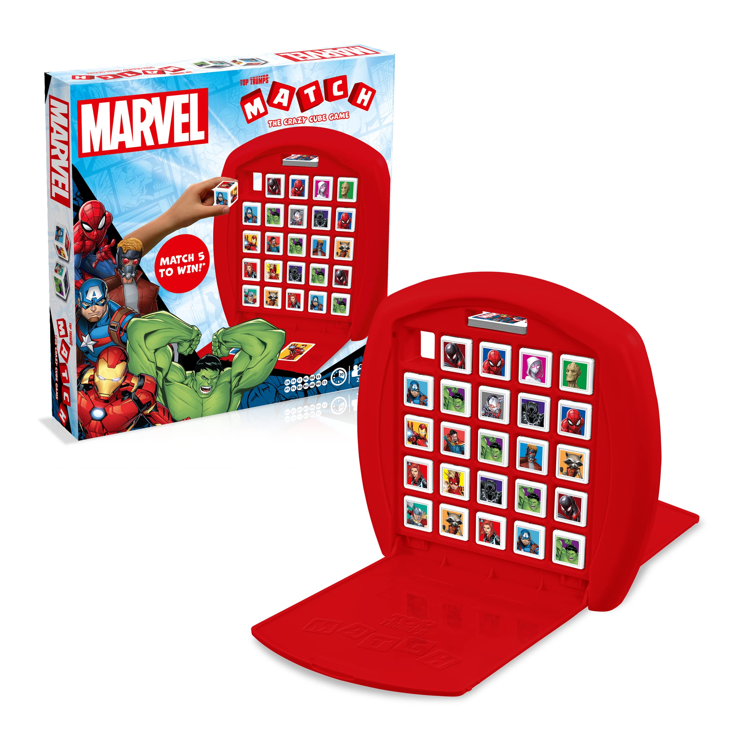 Top Trumps Match Marvel Avengers The Crazy Cube Game, play with superheroes including Spider-Man, Black Widow, Iron Man and Captain America, travel board game, gift for ages 4 plus