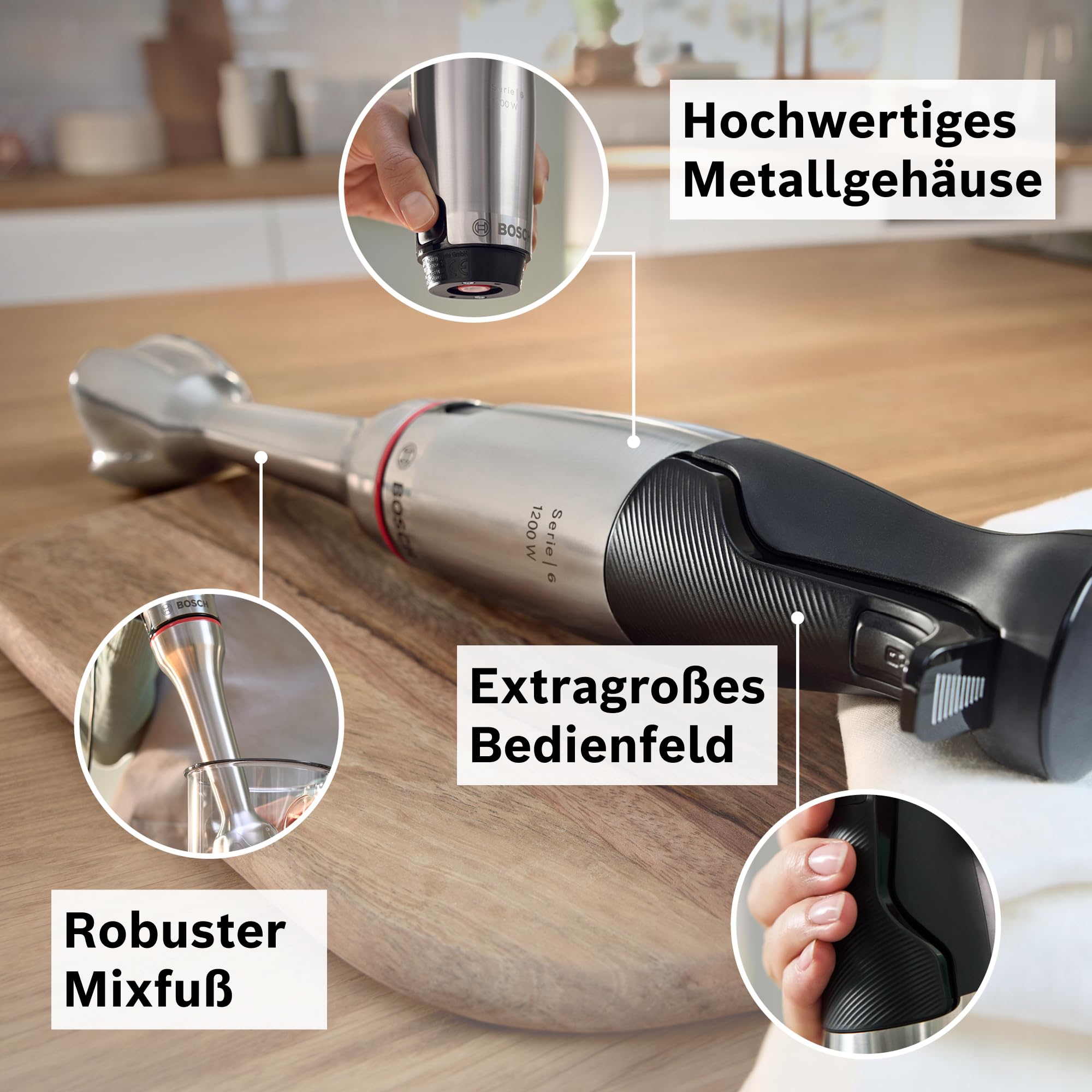 Bosch Stabmixer ErgoMaster Serie 6, Zerkleinerer, einhändig bedienbar, 4 Edelstahl-Klingen verschleißfreie Keramik-Kupplung, Luftkühlung, langlebig, Mixbecher, leistungsstark, 1200 W, MSM6M830 4