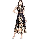LAI MENG FIVE CATS Women's Floral Print V-Neck Sleeveless Elegant Button up Maxi Dress