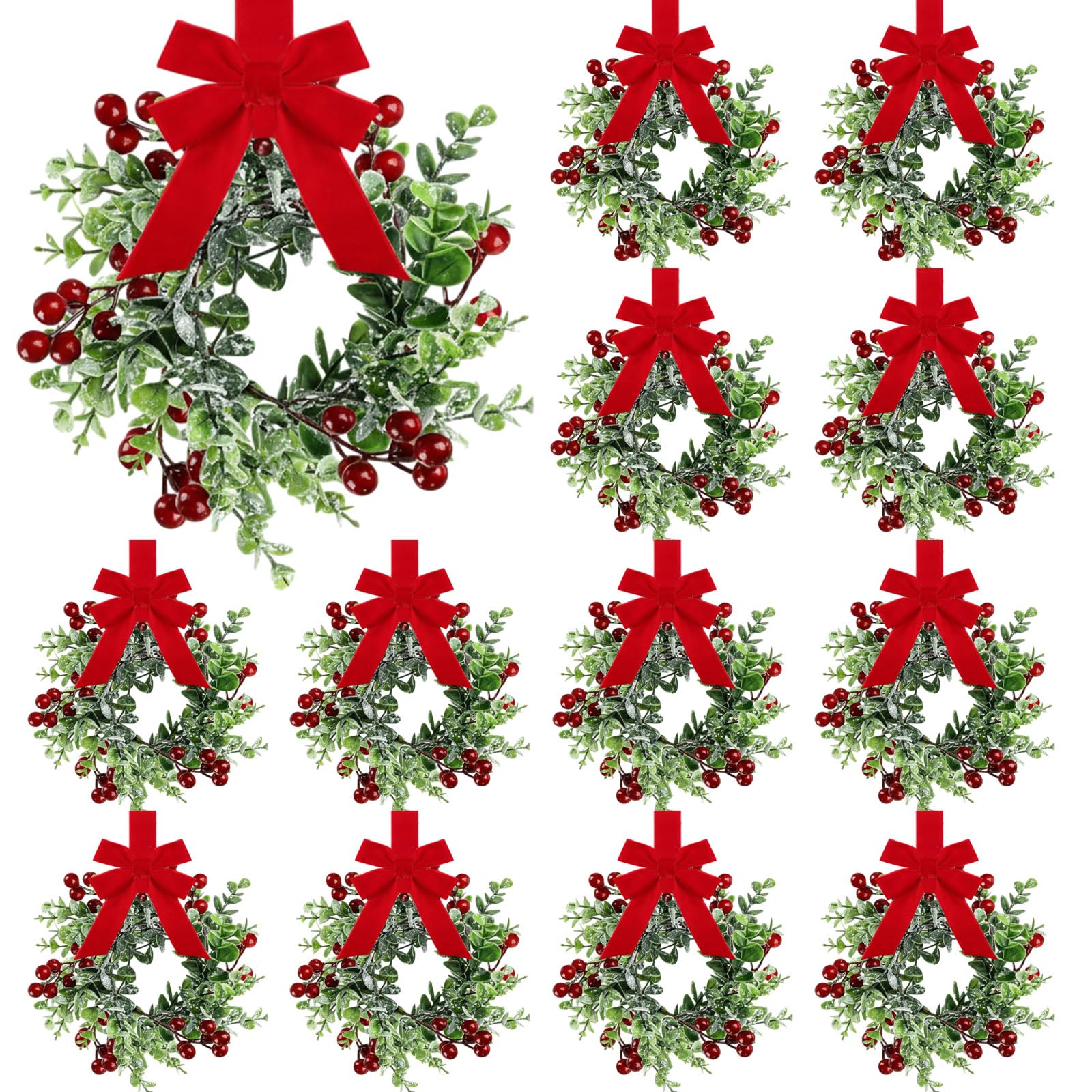 Photo 1 of 12 Pieces 9" Mini Christmas Wreaths for Kitchen Cabinet Small Christmas Candle Rings Eucalyptus Wreath Pillar Candle Rings Table Centerpieces Hanging Garlands for Front Door Window Decor (Red Berry)