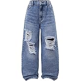 BEAUDRM Girl's Y2k Ripped Baggy Jeans Distressed Elastic Waist Straight Leg Denim Pants with Pockets