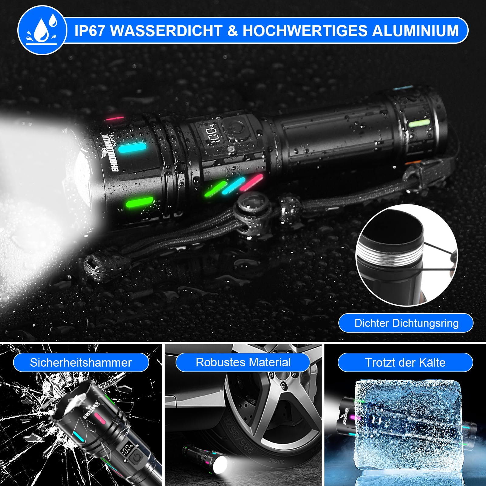 Shadowhawk Taschenlampe LED Aufladbar 500000 Lumen - 30W Extrem Hell Taktische Taschenlampen mit Nachtleuchtstreifen, 1000m Reichweite & 12h Laufzeit, Wasserdicht Handlampe für Camping/Outdoor/Notfäll 8