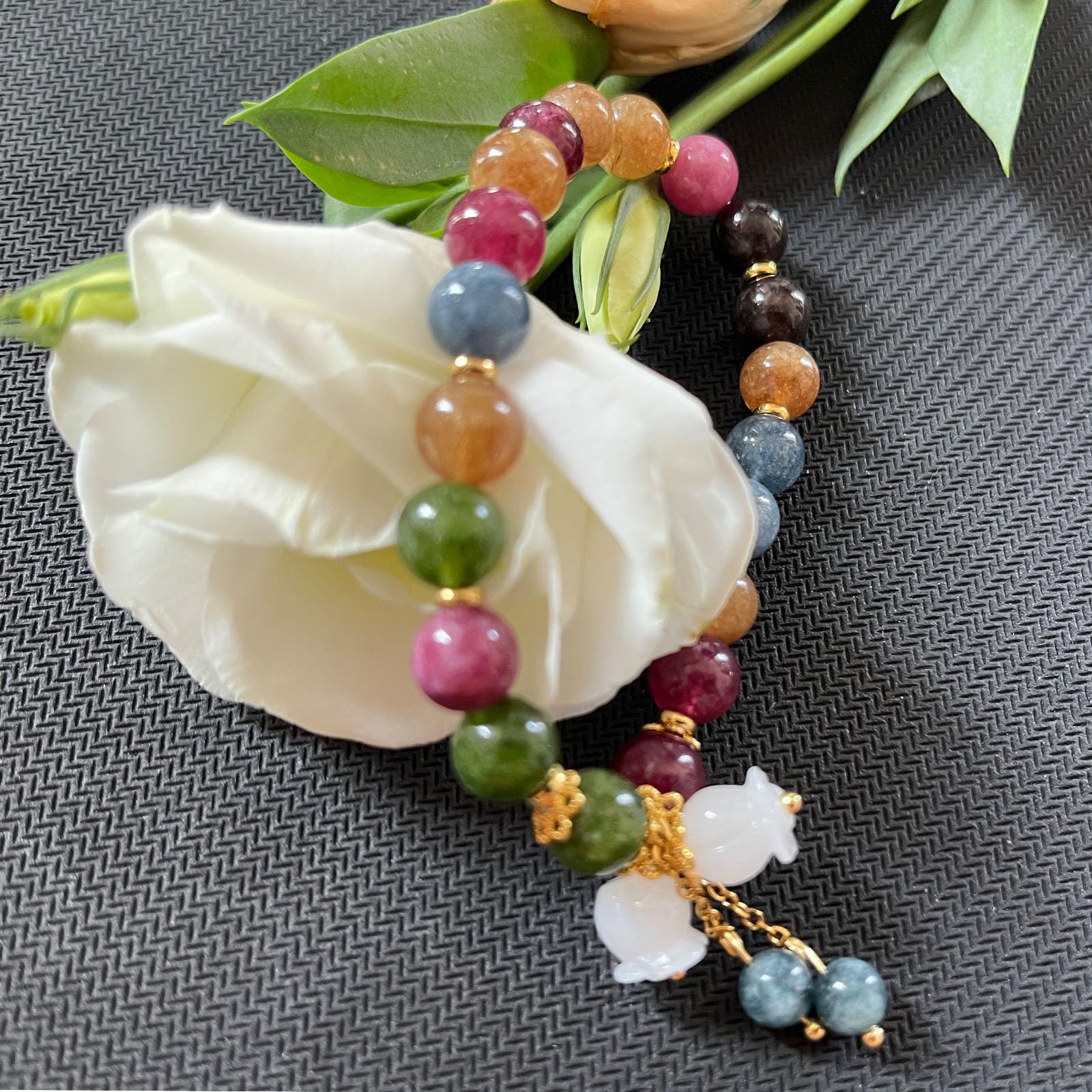 Pendant Charm Bracelet, Hand Carved Lily of the Valley Flower chain Bracelet, Natural Colored Crystal Beaded Flower Charm Bracelet, Good Luck Jade Bead Bracelet for Women