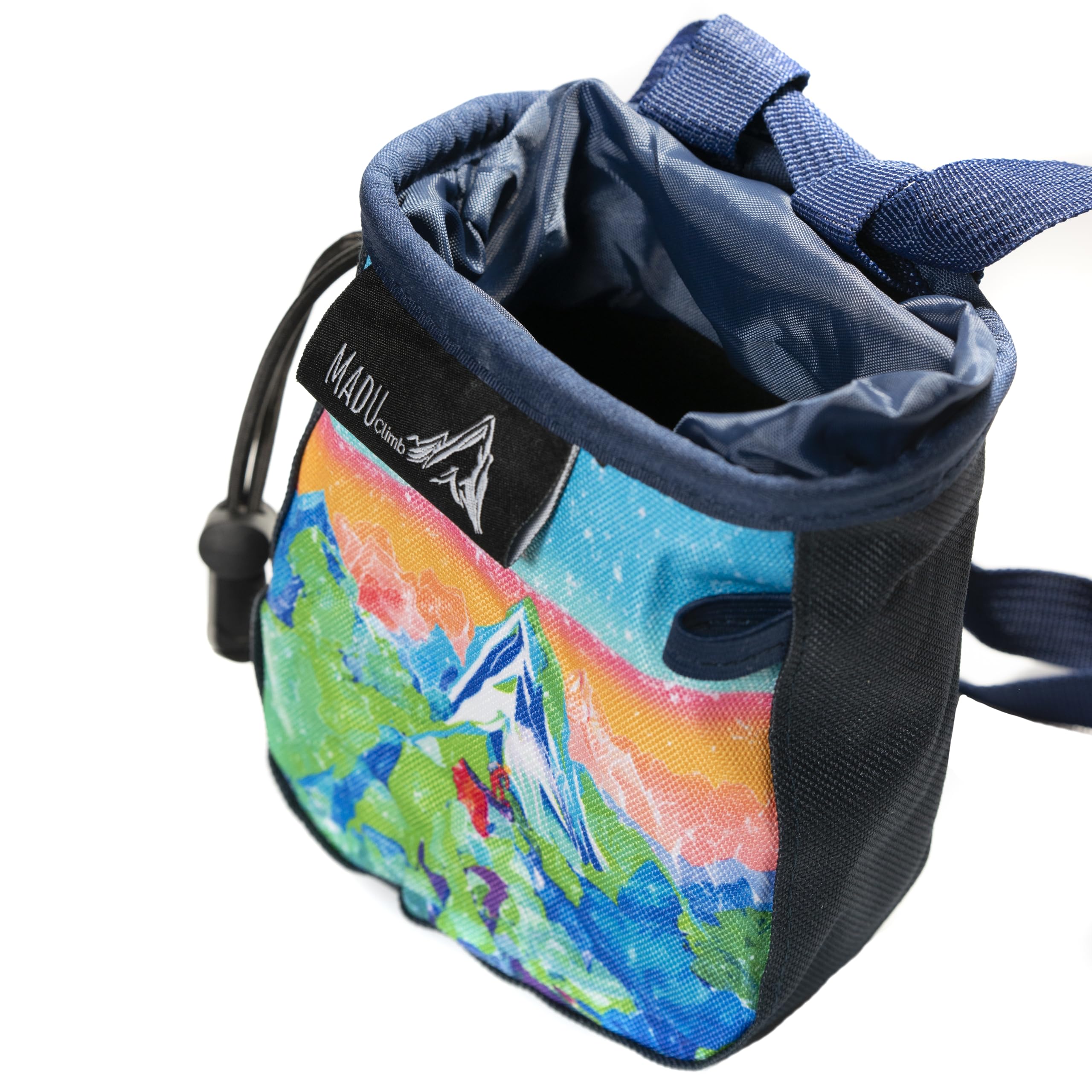 Madu Climb Rock Climbing Bag Sport Climb Chalk Pouch with Zippered Pocket, Brush Holder, Fleece Lining & Drawstring Closure (Blue Art Design)
