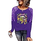 Mardi Shirts for Women Carnival Fat Tuesday Shirt New Orleans Party Mardi Outfit Gifts Sequin Long Sleeve Tee Top