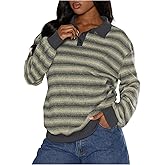 MakeMeChic Women's Striped Sweater Button Up Long Sleeve Rugby Shirt Preppy Pullover Tops