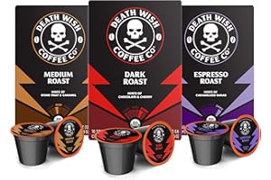 Death Wish Coffee Co., Single Serve Coffee - Extra Kick of Caffeine - 10 Each of Medium, Dark, and Espresso Roast - Mixed Roast Variety Pack
