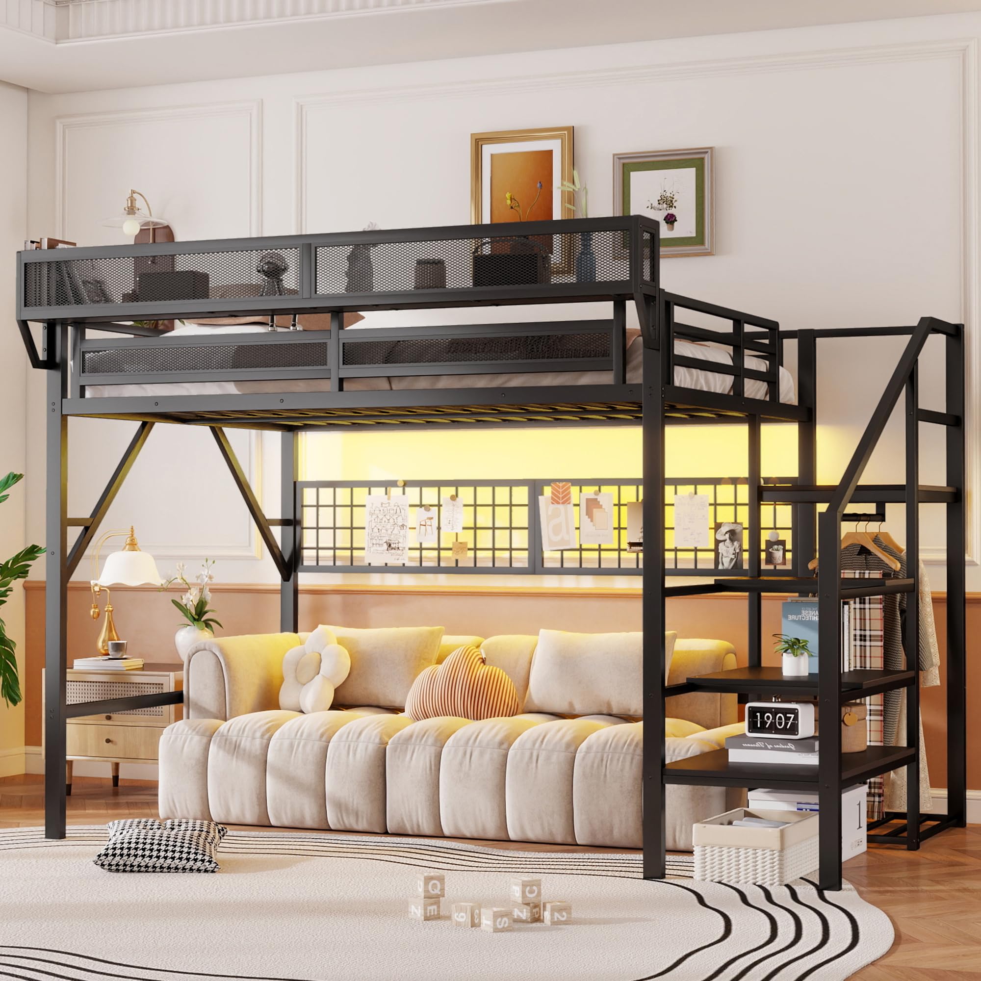 Photo 1 of KEIKI Queen Size Metal Loft Bed Frame with Grid & Staircase & Built-in Storage Shelves & Wardrobe, Loft Bed with Solid Slats & Guardrail, No Box Spring Required, Easy Assembly, for Bedroom, Black