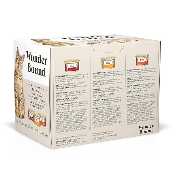 AMAZON BRAND – WONDER BOUND WET CAT FOOD, PATE, NO ADDED GRAIN, VARIETY PACK (BEEF/CHICKEN/TURKEY & GIBLET), 3 OUNCE (PACK OF 24)