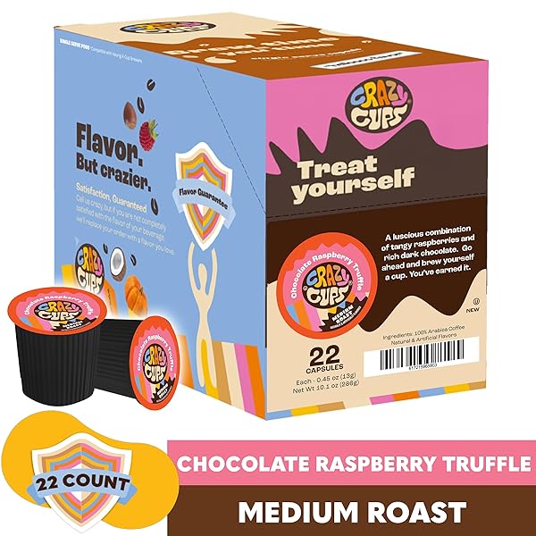 CRAZY CUPS FLAVORED COFFEE FOR KEURIG K-CUP MACHINES, CHOCOLATE RASPBERRY TRUFFLE, HOT OR ICED DRINKS, 22 COUNT SINGLE SERVE, RECYCLABLE PODS(PACK OF 1)