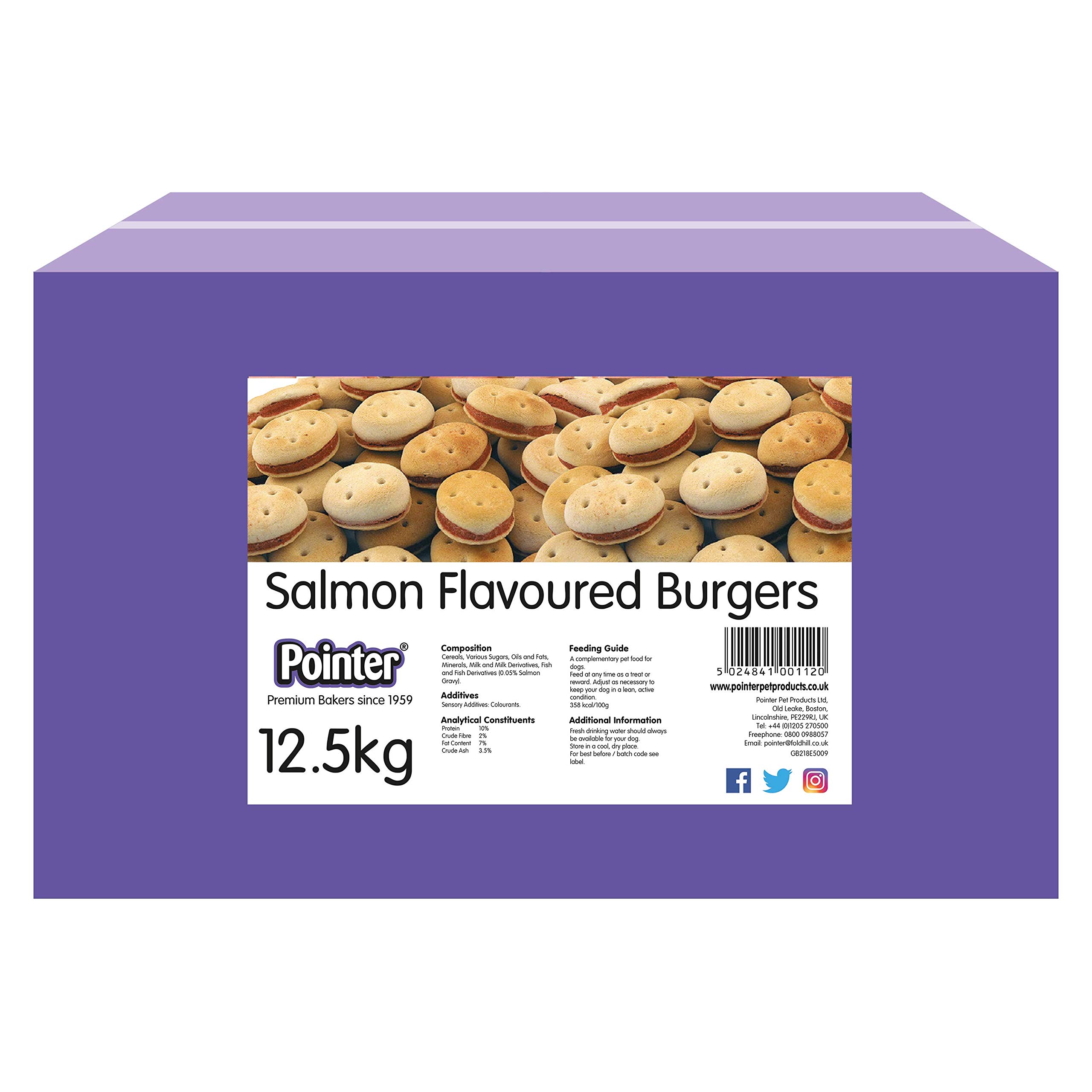 Pointer - Salmon Flavoured Burger Dog Treats, Oven Baked Dog Biscuits with Added Vitamins, Perfect for Healthy Teeth and Bones, 12.5kg Box, pink