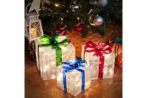 SANHSEHOME Set of 3 Christmas Lighted Gift Boxes, 60 LED Light Up Present Boxes for Christmas Decorations Indoor Outdoor Yard Xmas Tree Holiday Party Lawn Porch Home Decor (PVC)