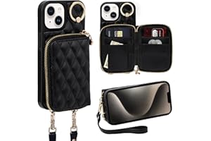 Keallce Case for iPhone 13 6.1'' Wallet Case, Crossbody Zipper Purse with Wrist Strap Lanyard Handbag for Women, RFID Blocking Card Holders, 360° Ring Kickstand Flip Leather Cover for iPhone 13, Black