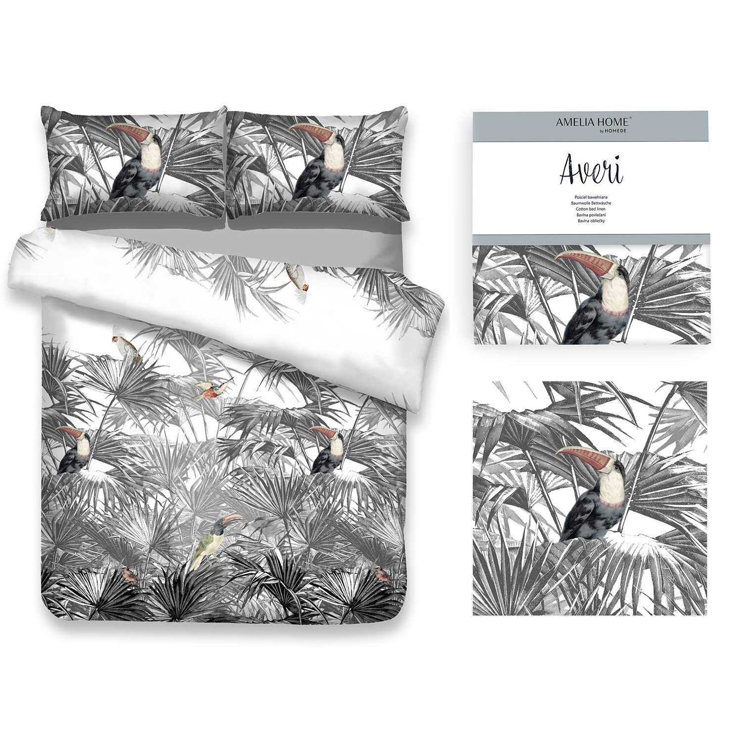 AmeliaHome Averi Toucan 3-Piece Bed Linen 160 x 200 cm with 2 Pillowcases 70 x 80 cm 100% Cotton Zip Leaves Palm Trees Toucan Grey Black White