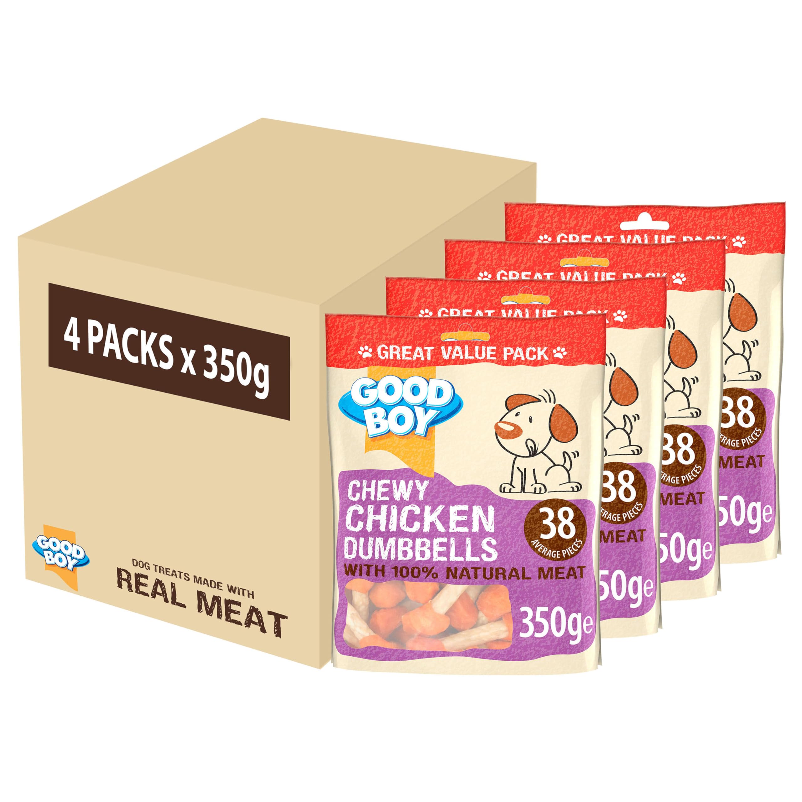 Good Boy - Chewy Chicken Dumbbells - Dog Treats - Made With 100% Natural Chicken Breast Meat - 350 Grams - Low Fat Dog Treats (Case of 4)