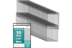 Binditek 50 Pack Dry Erase Pockets, 9 x 12 Inch Black Ticket Holders, Reusable Clear Plastic Sleeves for Letter Size, Shop Holder Order Pockets, Teacher Supplies for Classroom Organization
