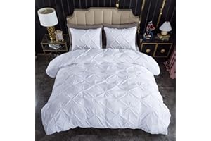 Litanika White King Pinch Pleat Duvet Cover, 3 Pieces Pintuck Cover Soft Microfiber Bedding Set with Zipper Closure & Corner Ties(104x90Inch-1 Duvet Cover, 2 Pillowcases)