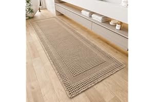 AMOAMI Waffle Bath-Mat, Absorbent Bath Mats for Bathroom Non Slip, Machine Washable Bathroom Rugs with Tassels Ultra Soft Boho Bath Rugs for Bathroom Floor 2'x6'(24"x72") Beige