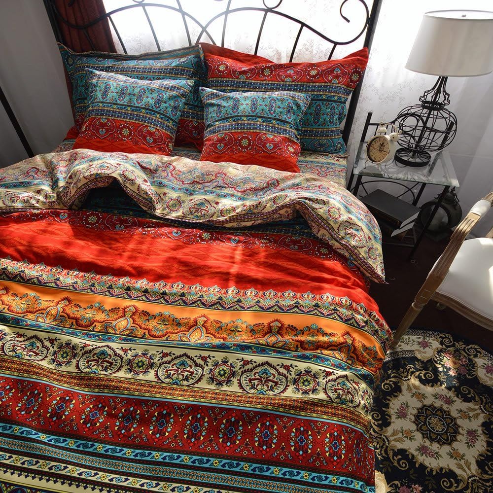 Qucover 100% Cotton Single Duvet Cover Set 135x200 cm, 2-Piece Ultra Soft Brushed Cotton Single Duvet Cover Exotic Mixed Blue Beige and Red Striped Boho Bedding with Pillowcase