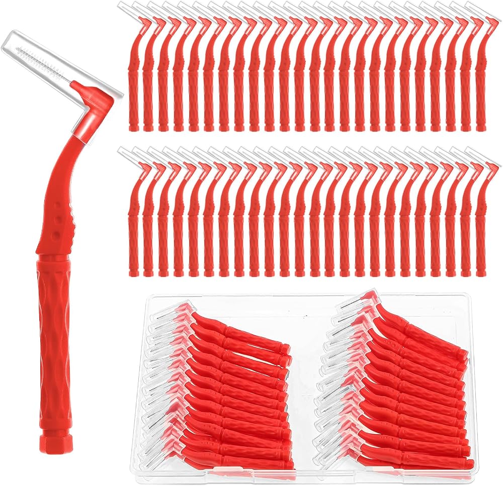 RAYITO 50pcs Interdental Brushes Red Soft Non-Slip Handle Angled Head