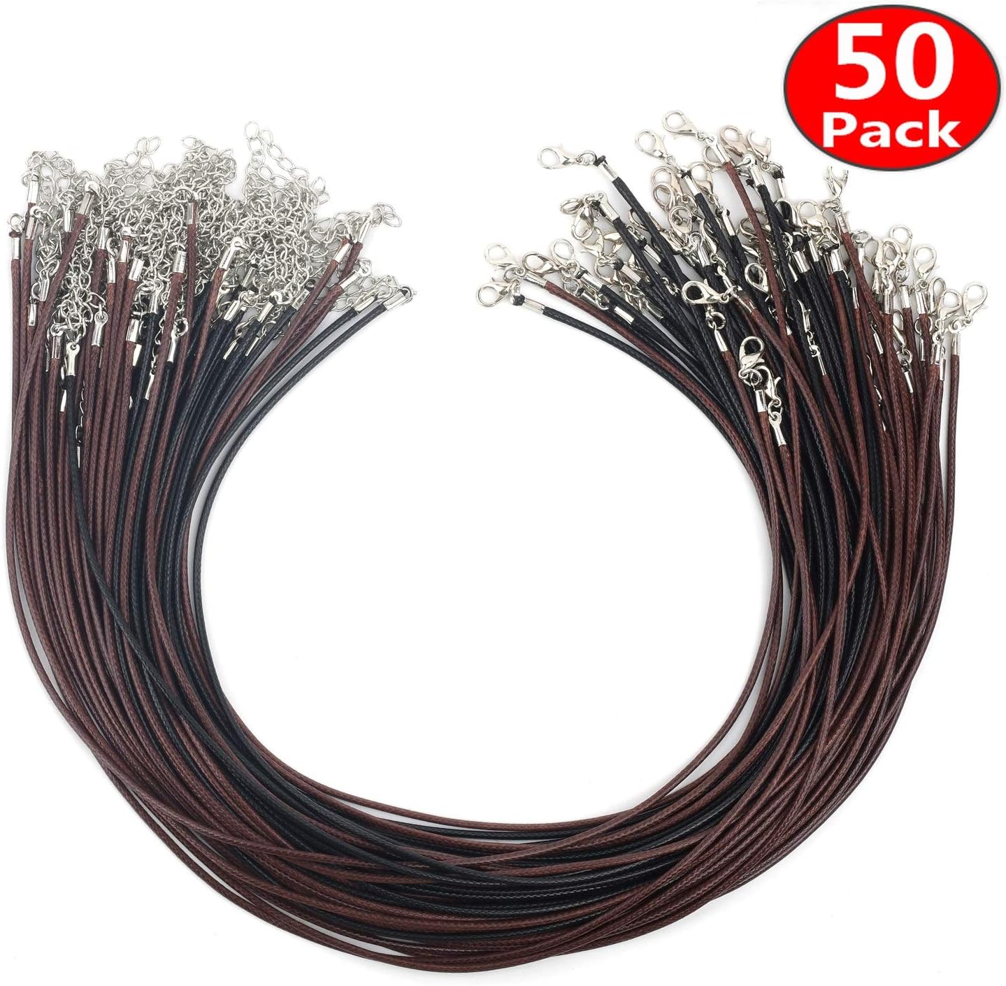 Necklace Cord 18 Inches Black/Brown Waxed Cotton Necklace Cord DIY Jewelry Making Ropes with Extension Chain Lobster Claw Clasp for Kids Girls Women Men DIY Gift(2.0MM)