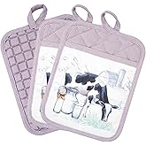 Pot Holders Set of 3 Silicone Printing Non Slip Heat Resistant, Yarm-Dyed Hot Pads Cotton Home Kitchen Cooking Barbecue Microwave Women Men Machine Washable BBQ Grilling. (Purple Potholders)
