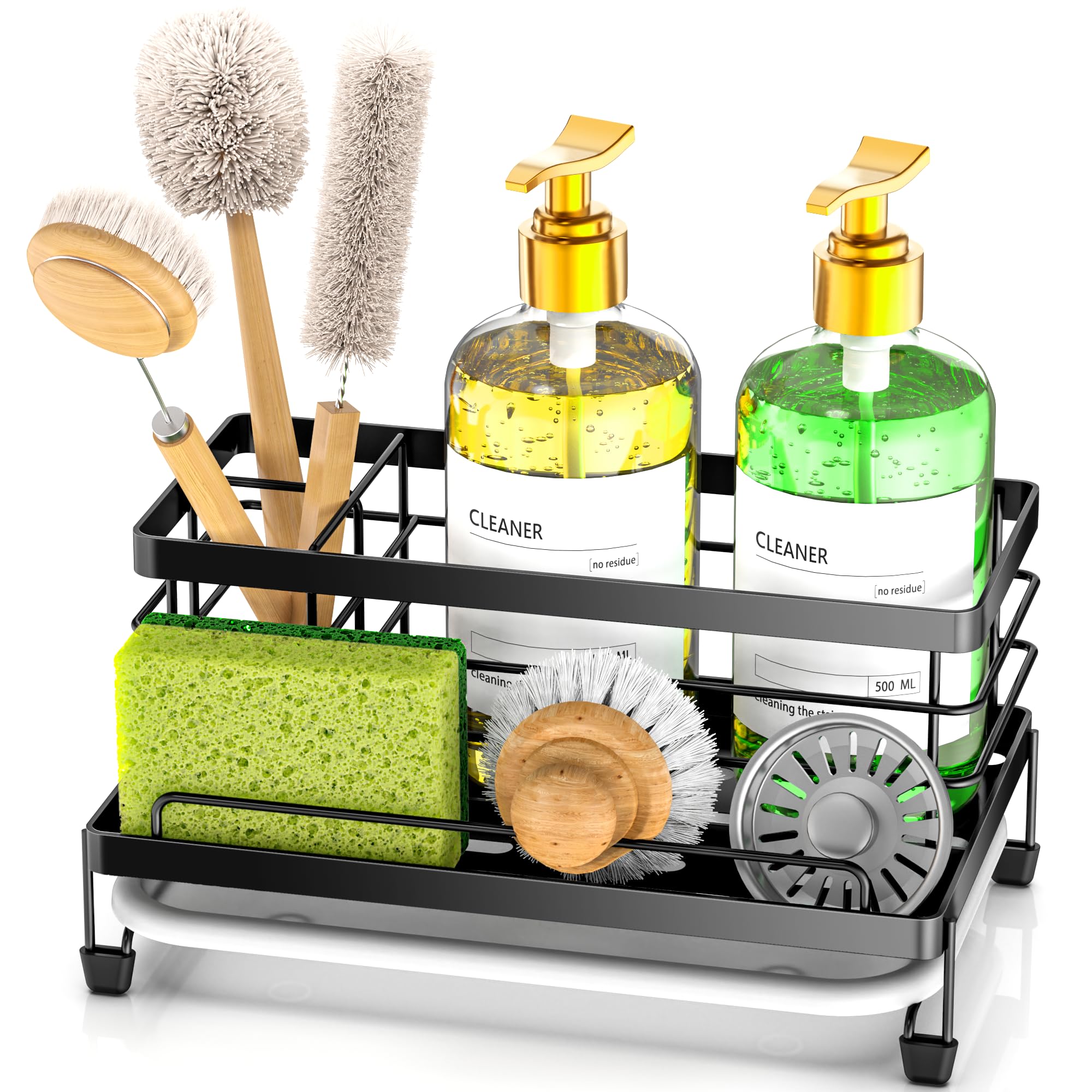 Cisily Sink Organizer with Drip Tray, Rustproof and Non-Slip Sponge Holder, Kitchen Utensils for New Home (Matte Black)